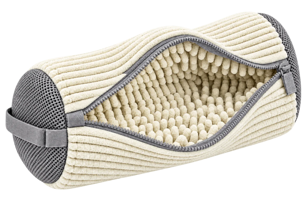 SNEACARE. Ivory Wash Bag geöffnet; durchgehend Ivory oberhalb des Reißverschlusses; Anwendungsvisualisierung